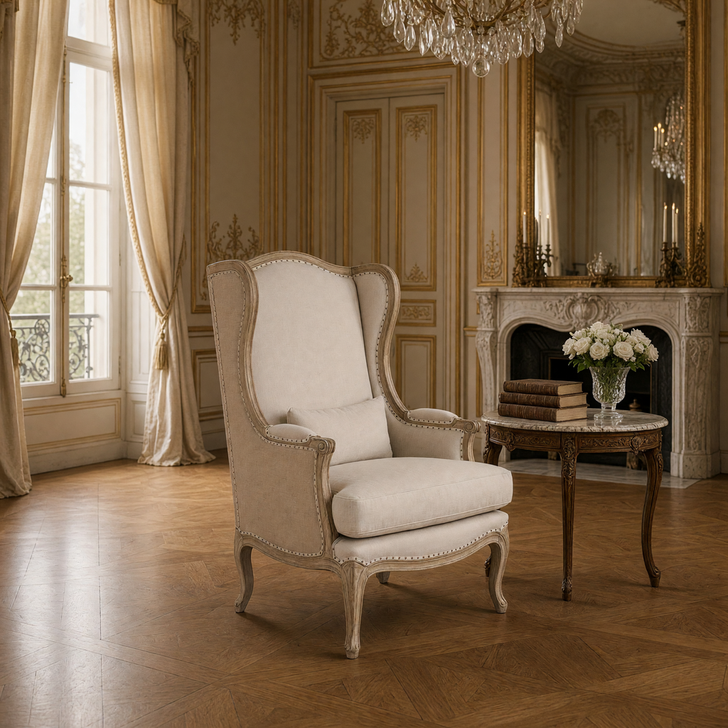 Leon French Linen Wingback Chair in Natural Oak styled beside a marble fireplace in a French salon