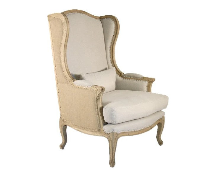 Leon French Linen Wingback Chair in Natural Oak, studio photo 1 of 3 on a white background