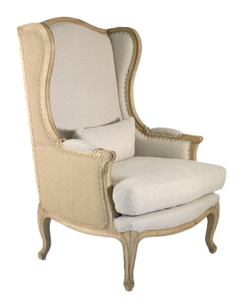 Leon French Linen Wingback Chair in Natural Oak, studio photo 3 of 3 on a white background, back view