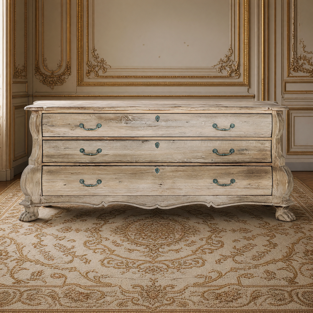 Limoges Bombé Weathered Wood Chest on an antique Aubusson carpet in a greige and gold French boiserie salon