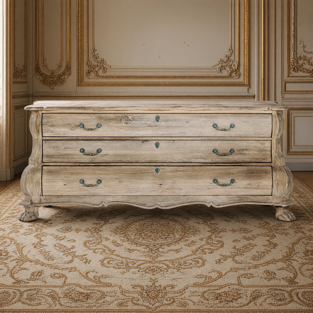 Limoges Bombé Weathered Wood Chest on an antique Aubusson carpet in a greige and gold French boiserie salon