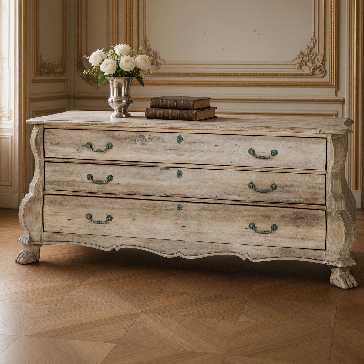 Close view of the weathered wood drawers and verdigris handles of the Limoges Bombé Weathered Wood Chest