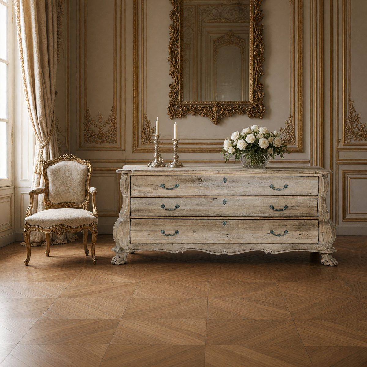 Limoges Bombé Weathered Wood Chest styled beneath a gilded mirror with candlesticks, white roses and a Louis XVI bergere
