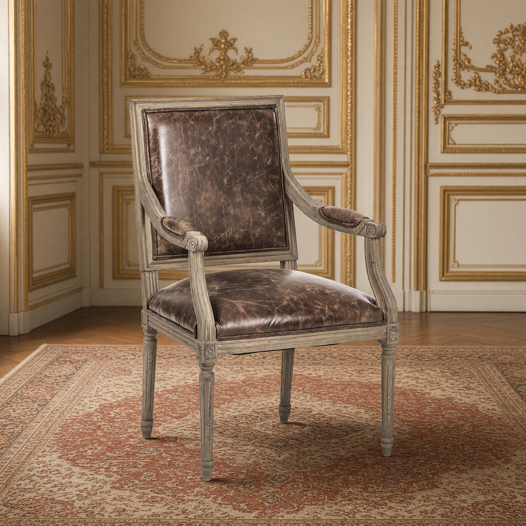Louis French carved oak square-back arm chair in Brown Leather with natural oak frame, in a gilded Louis XVI salon on an antique Persian carpet