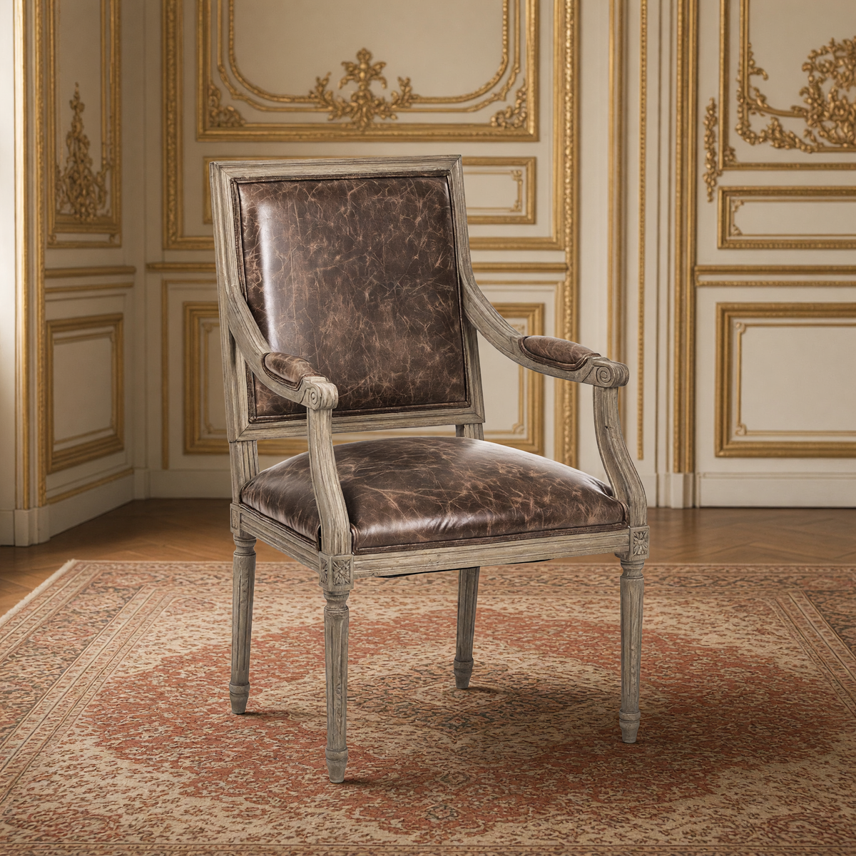 Louis French carved oak square-back arm chair in Brown Leather with natural oak frame, in a gilded Louis XVI salon on an antique Persian carpet