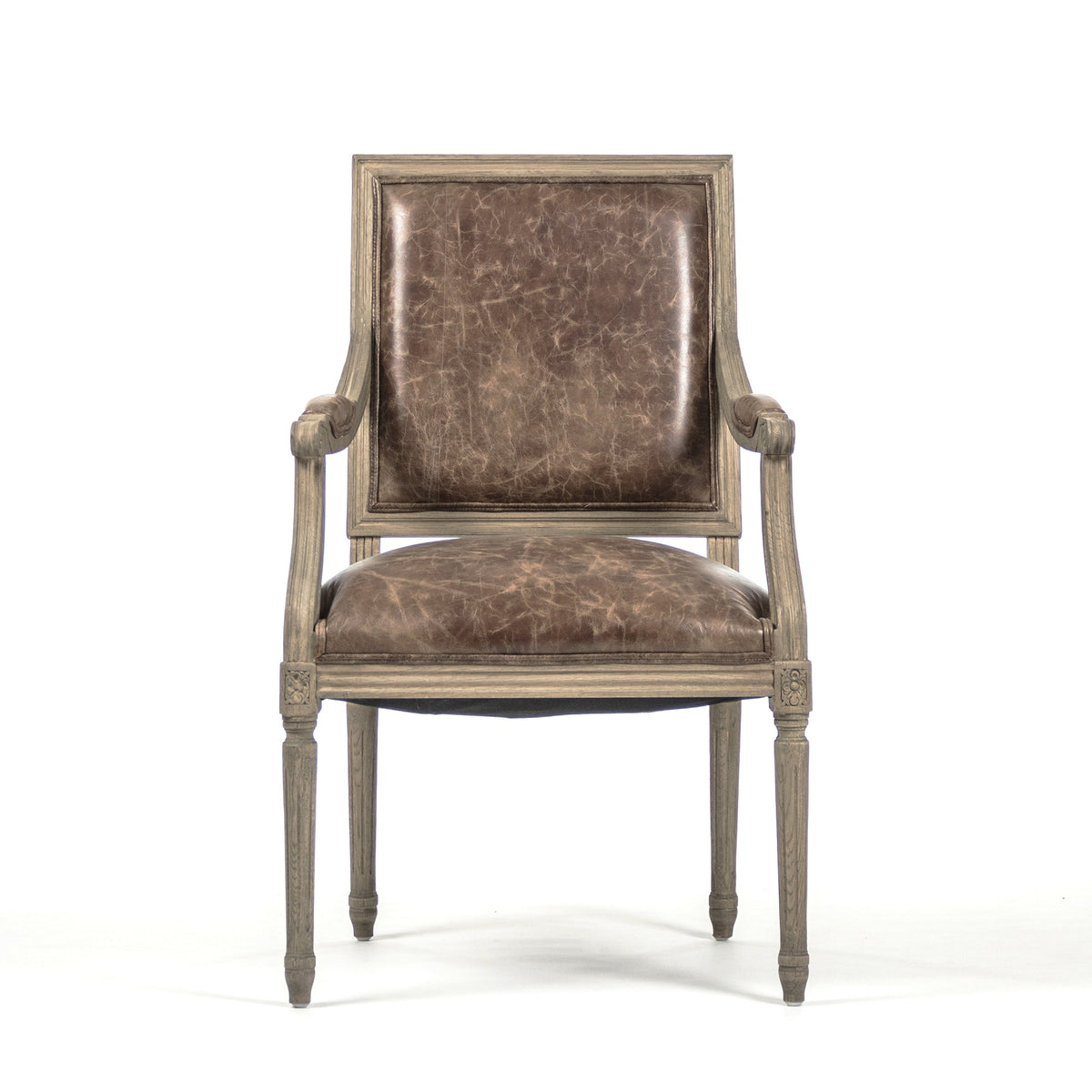 Louis French Carved Oak Square-Back Arm Chair in Brown Leather, Natural Oak, studio photo 2 of 4 on a white background