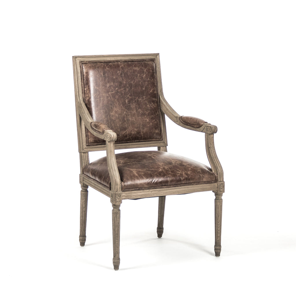 Louis French Carved Oak Square-Back Arm Chair in Brown Leather, Natural Oak, studio photo 3 of 4 on a white background