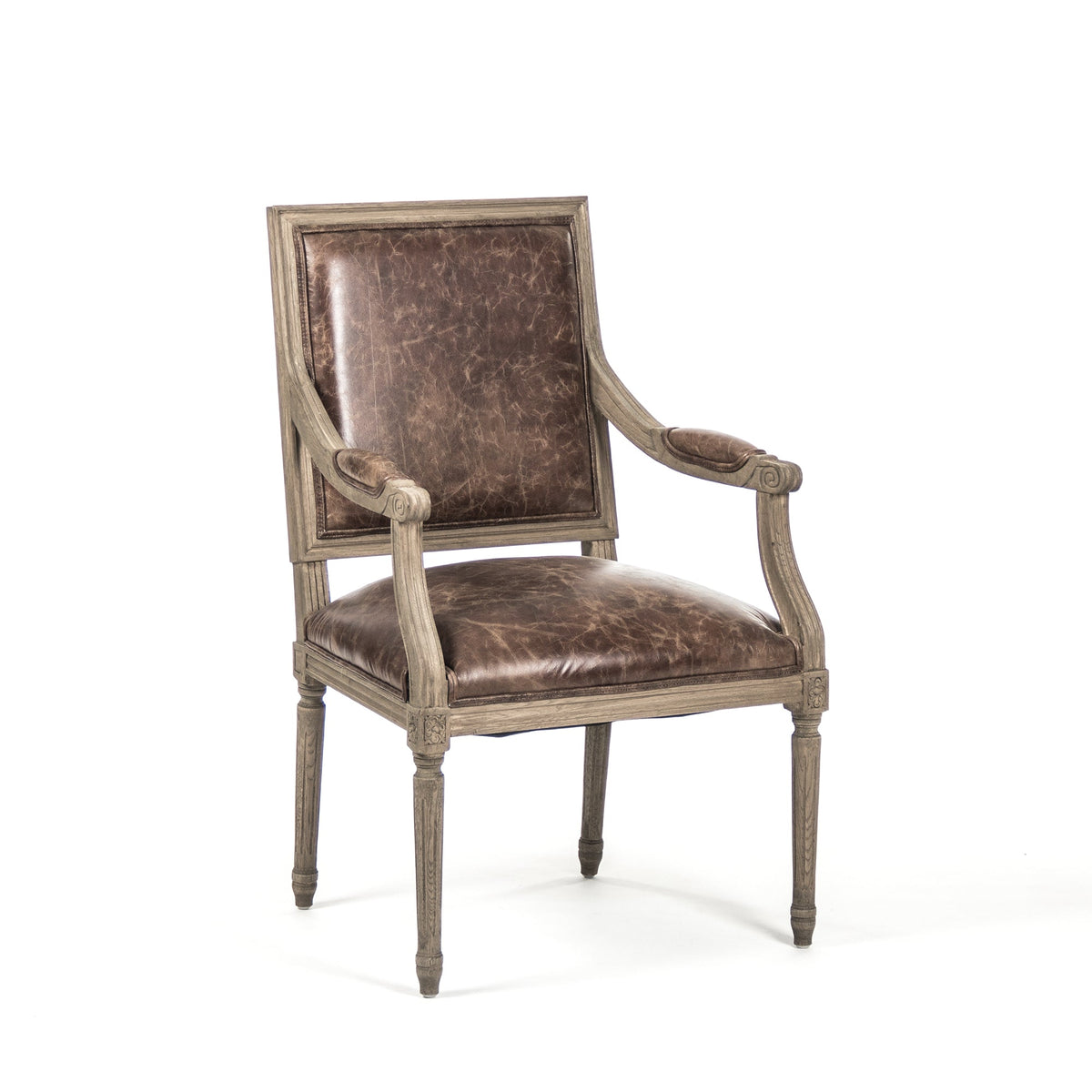 Louis French Carved Oak Square-Back Arm Chair in Brown Leather, Natural Oak, studio photo 3 of 4 on a white background