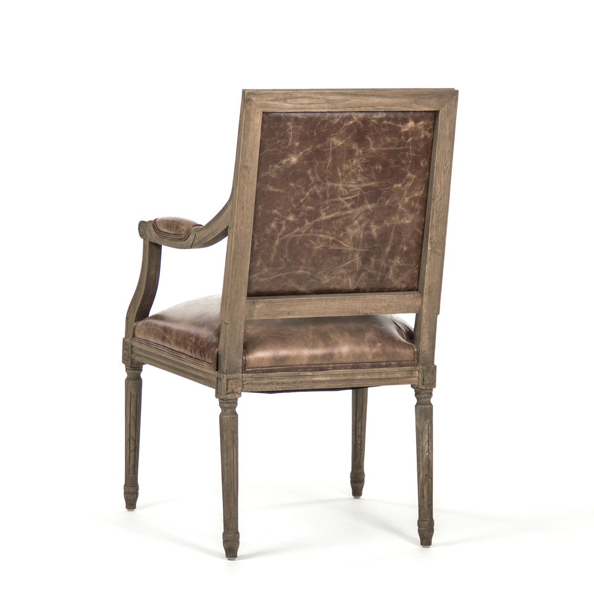 Louis French Carved Oak Square-Back Arm Chair in Brown Leather, Natural Oak, studio photo 4 of 4 on a white background