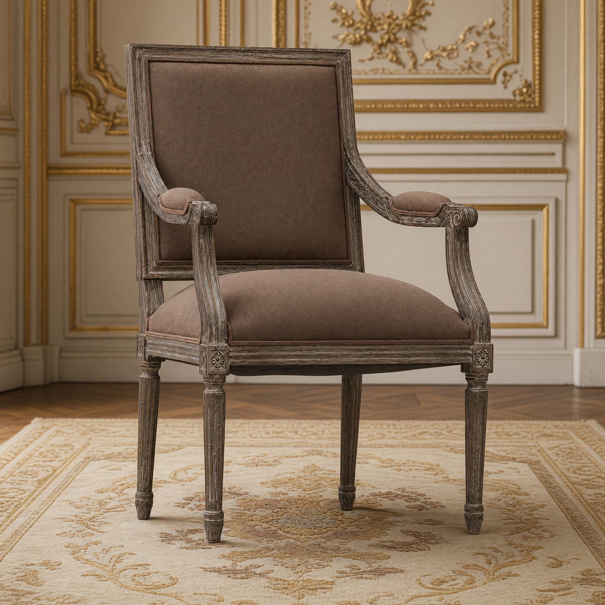Louis French carved oak square-back arm chair in Chestnut Clay Linen with limed charcoal oak frame, in a gilded Louis XVI salon on an antique Aubusson carpet