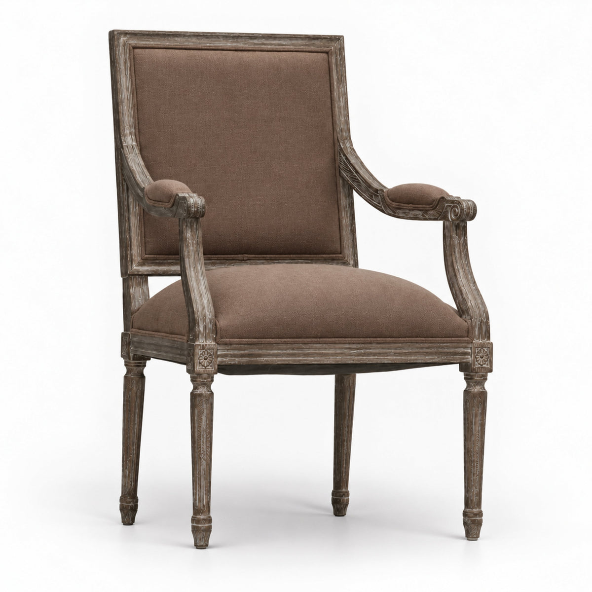Louis French Carved Oak Square-Back Arm Chair in Chestnut Clay Linen, Limed Charcoal Oak, studio photo 1 of 2 on a white background