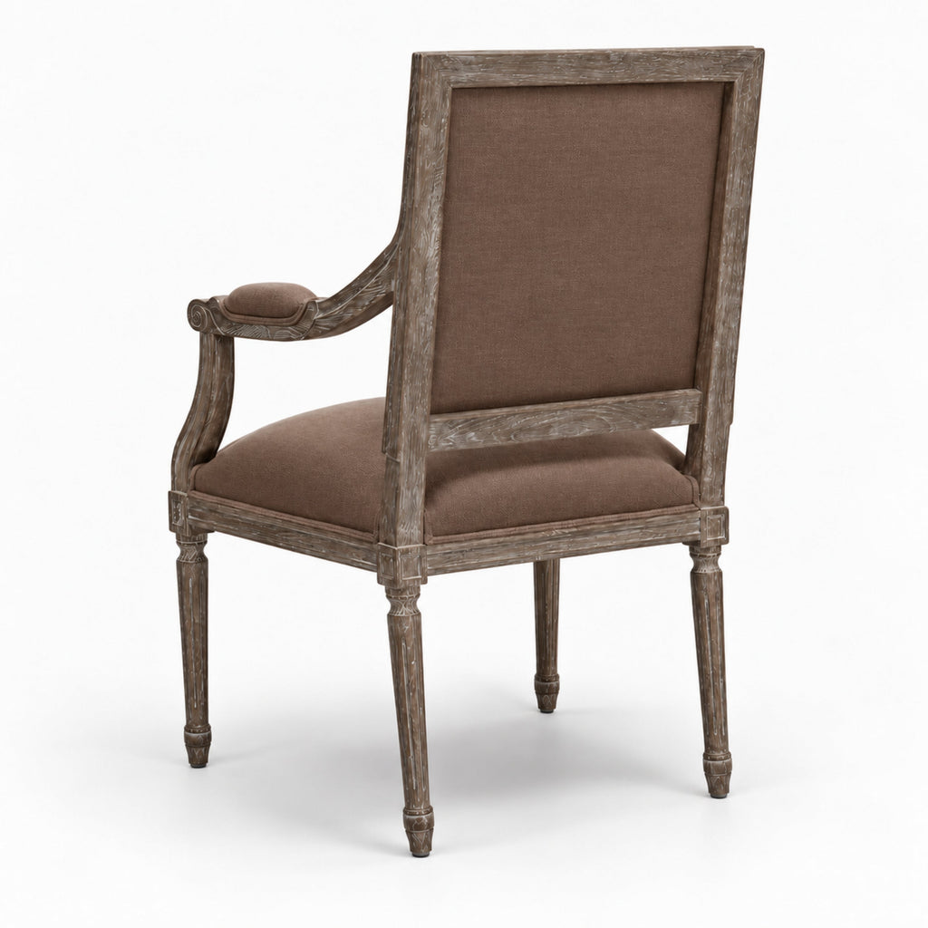 Louis French Carved Oak Square-Back Arm Chair in Chestnut Clay Linen, Limed Charcoal Oak, studio photo 2 of 2 on a white background