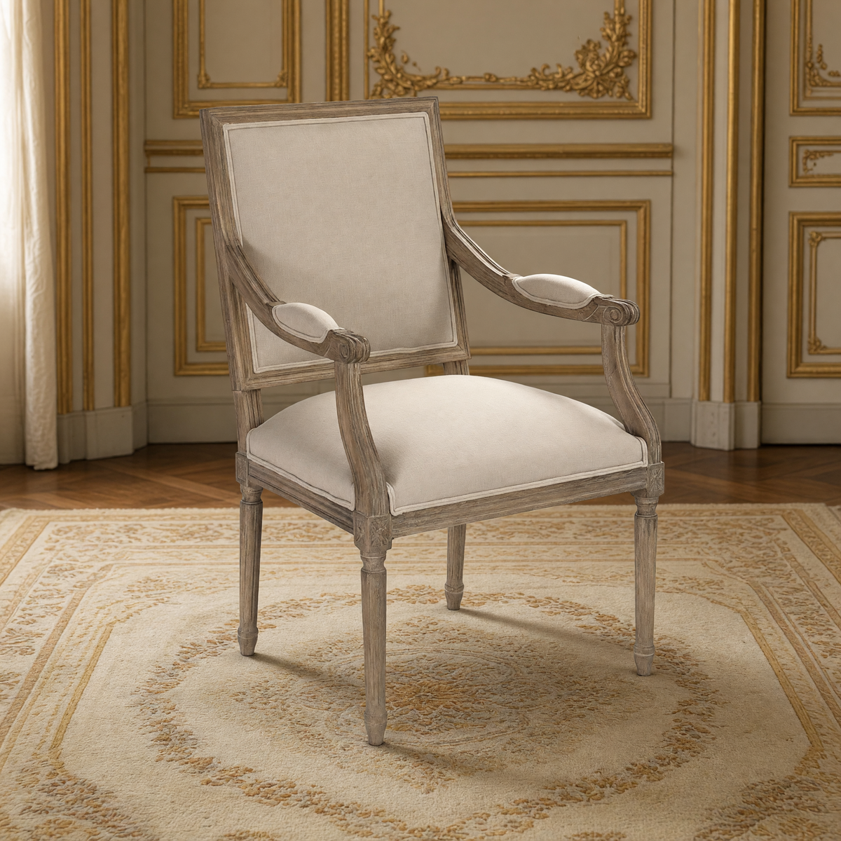Louis French carved oak square-back arm chair in Natural Linen with limed grey oak frame, in a gilded Louis XVI salon on an antique Aubusson carpet