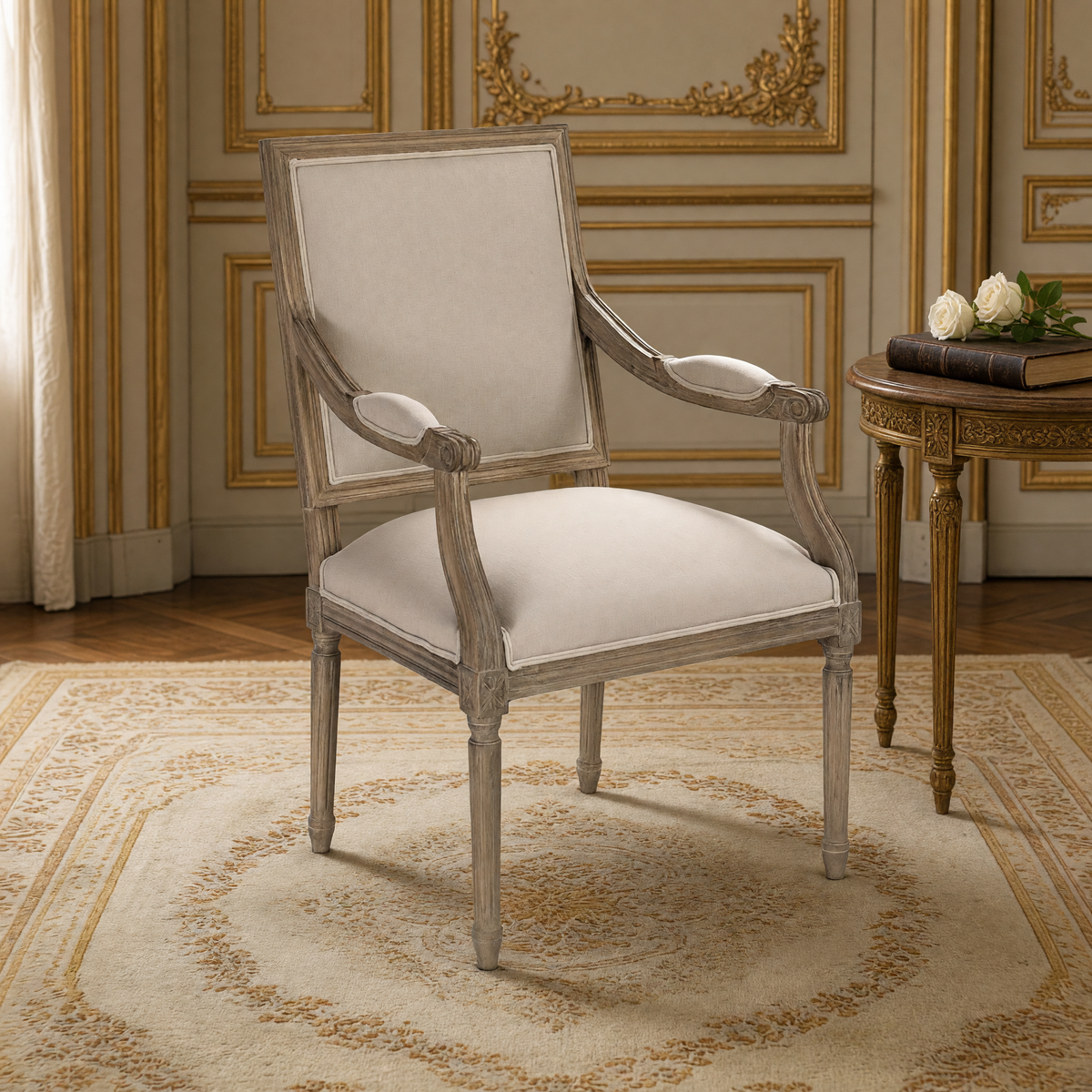 Close view of the Louis French carved oak square-back arm chair in Natural Linen beside a gilded side table