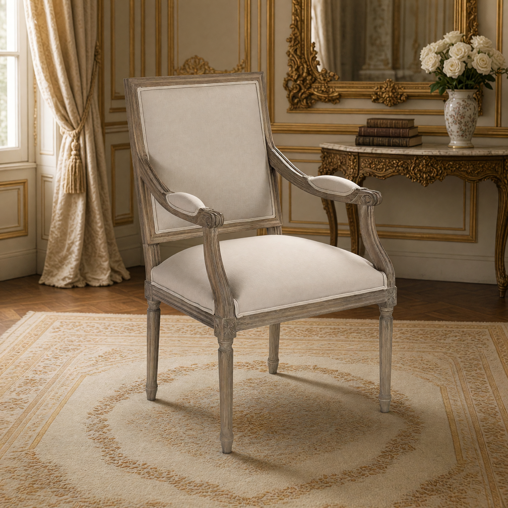 Louis French carved oak square-back arm chair in Natural Linen styled in a French salon with gilded mirror and marble console
