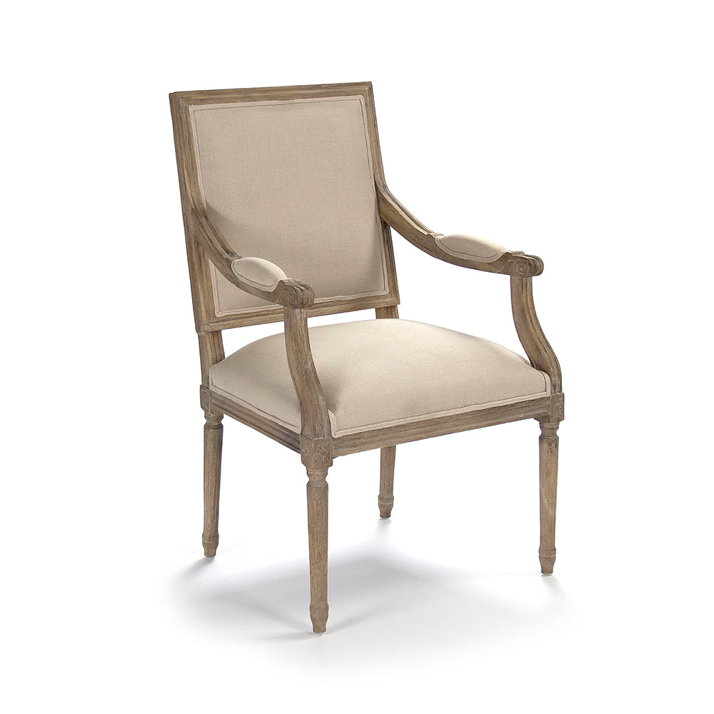 Louis French Carved Oak Square-Back Arm Chair in Natural Linen, Limed Grey Oak, studio photo 1 of 1 on a white background
