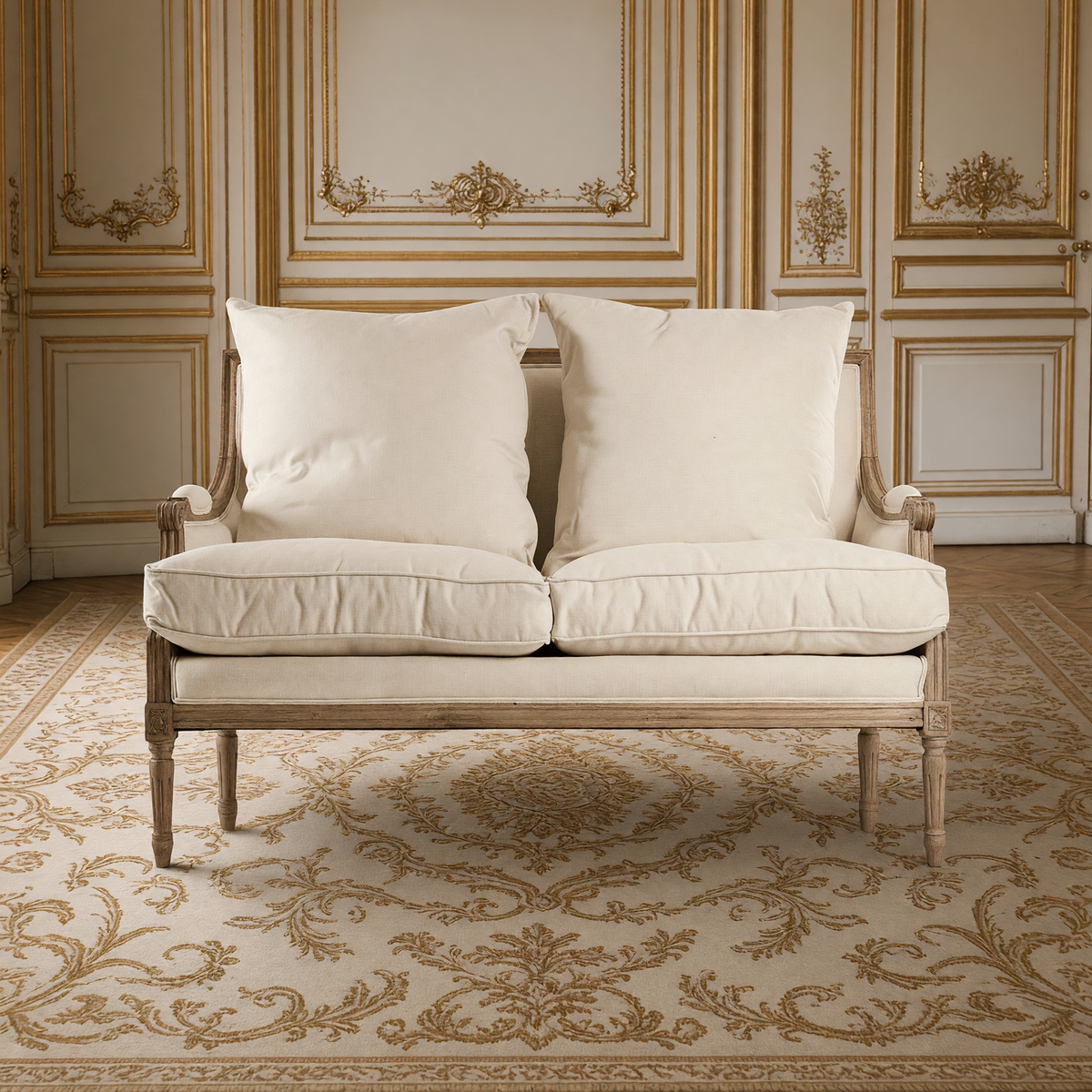 Louis French Settee in Off-White Cotton on a natural oak frame, in a classical ivory and gold salon