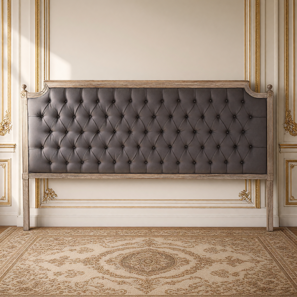 Louis king tufted headboard in aubergine linen on limed grey oak against a French boiserie wall over an antique Aubusson carpet