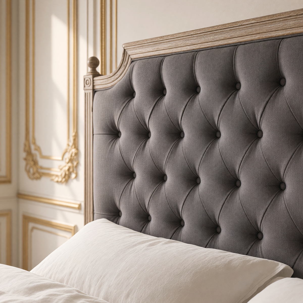 Close view of the diamond tufting and limed oak frame corner of the Louis headboard in King