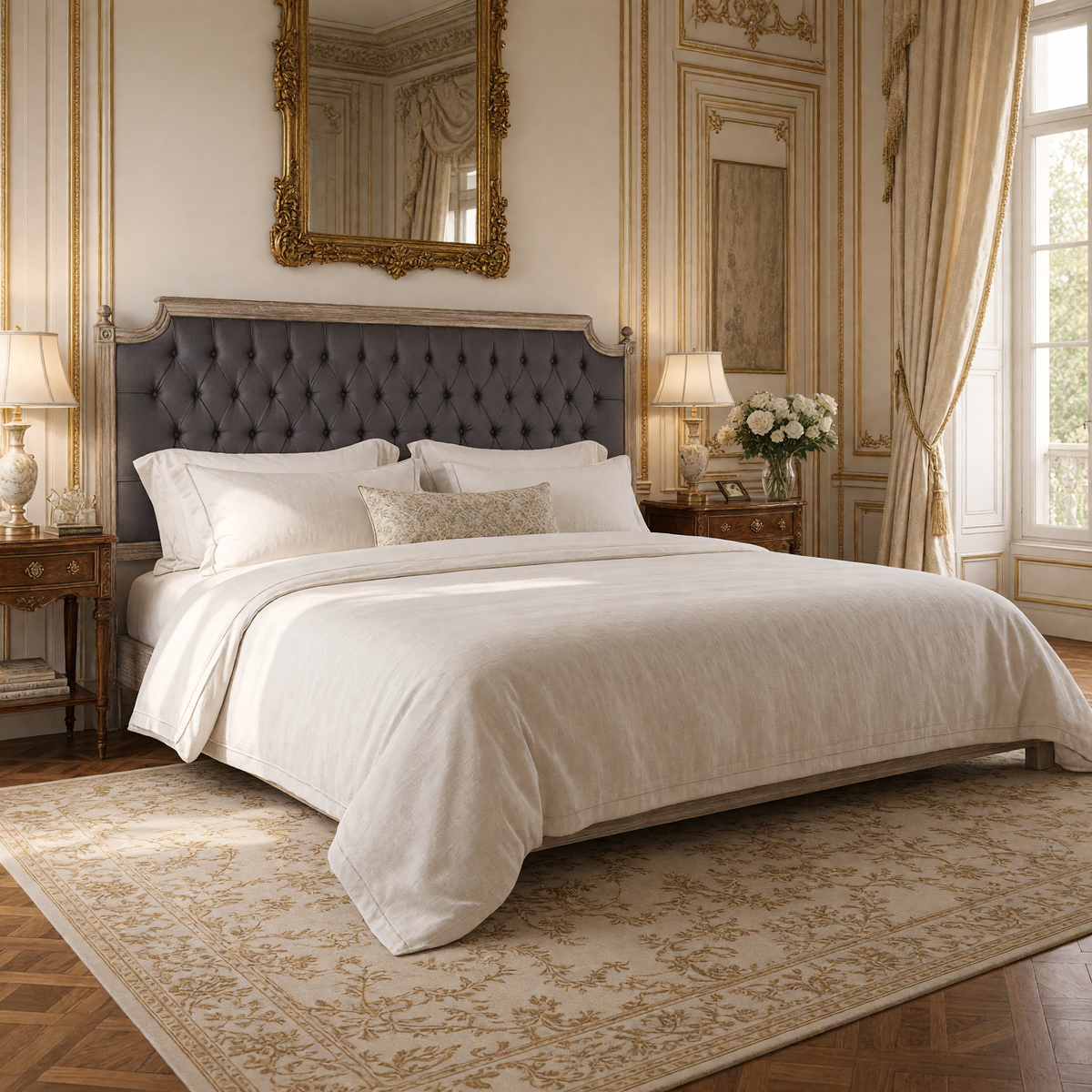 Louis tufted headboard in King on a made bed with white linens in a Louis XVI bedroom
