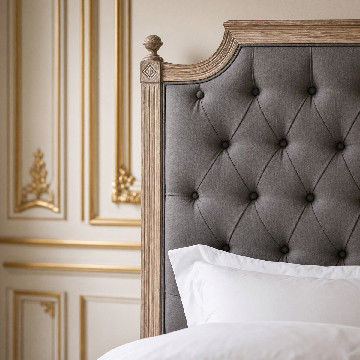 Close view of the diamond tufting and limed oak frame corner of the Louis headboard in Queen