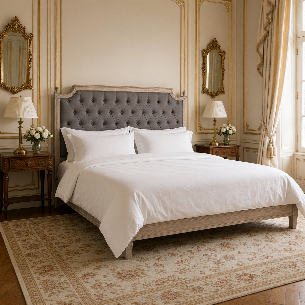 Louis tufted headboard in Queen on a made bed with white linens in a Louis XVI bedroom
