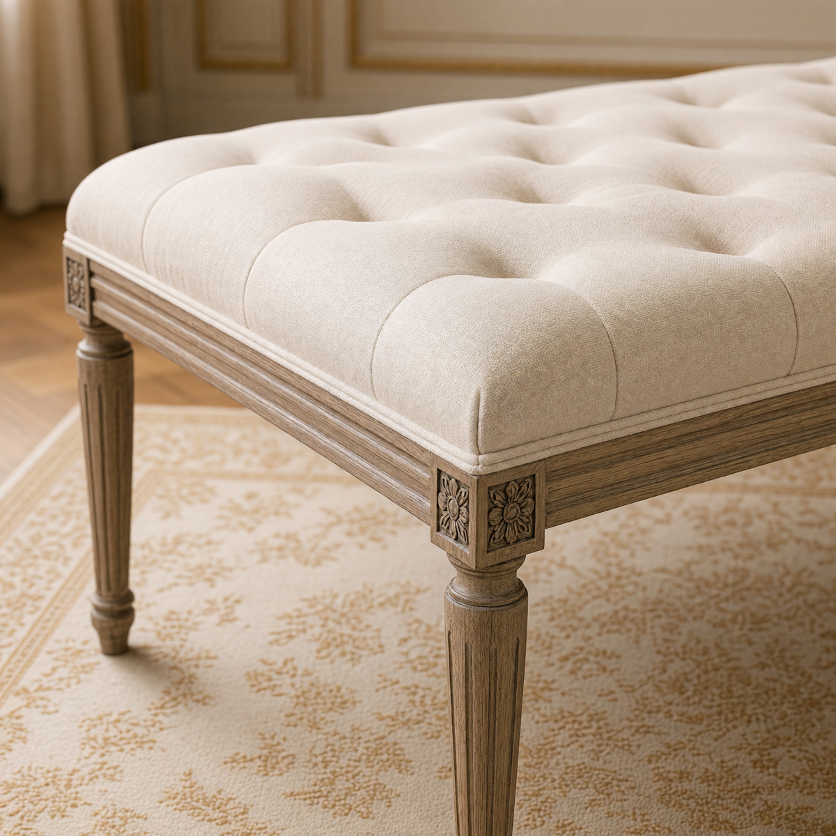 Close view of the tufted top, carved oak apron and fluted leg of the Louis tufted ottoman in Mixed Linen & Cotton