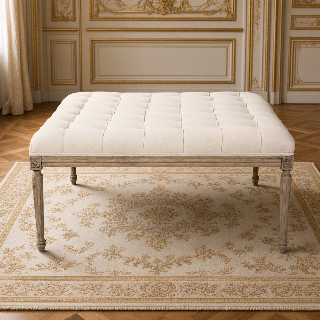 Louis tufted ottoman in mixed linen and cotton on natural oak in a French boiserie salon