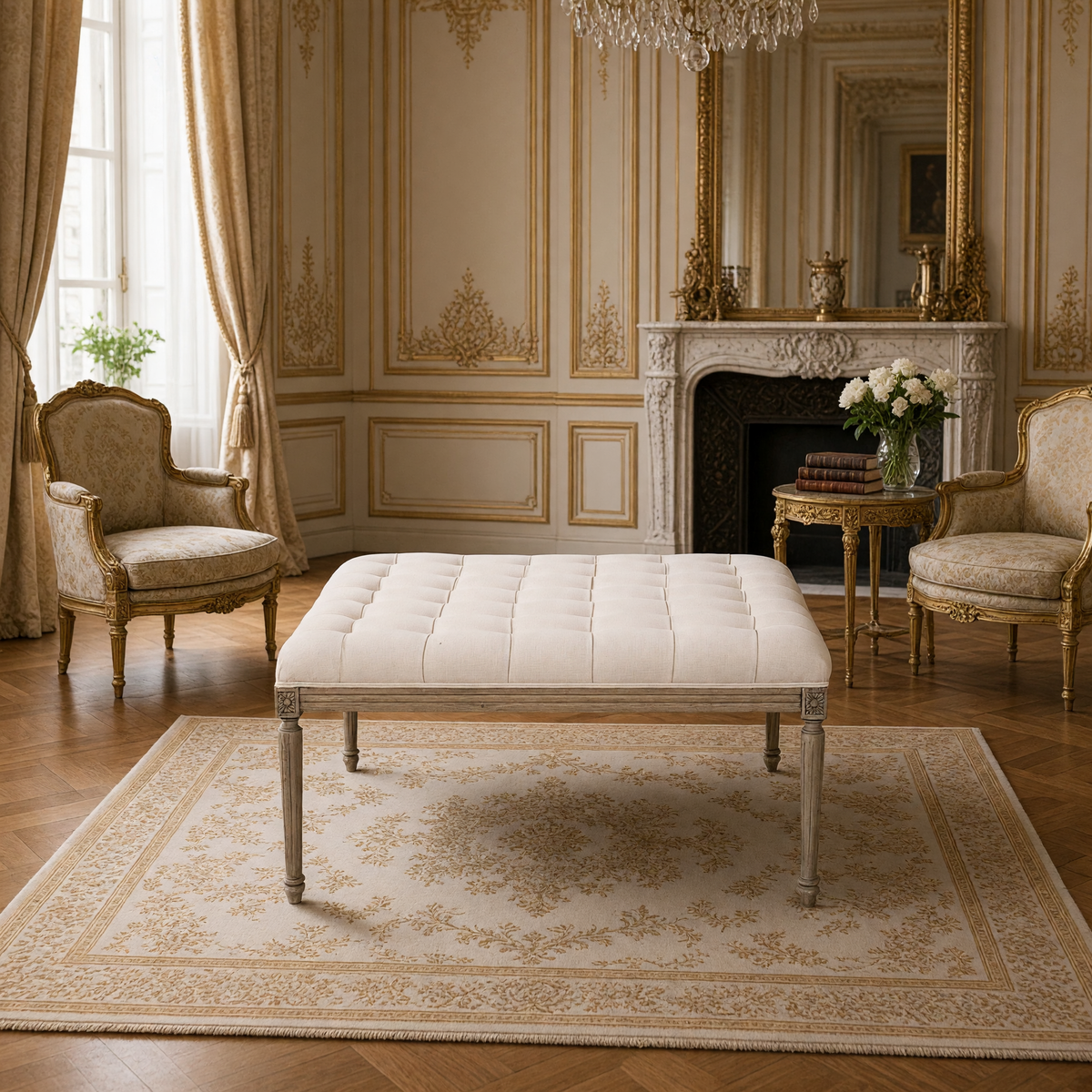 Louis tufted ottoman in Mixed Linen & Cotton styled in a Louis XVI salon with gilded bergere chairs and a marble fireplace