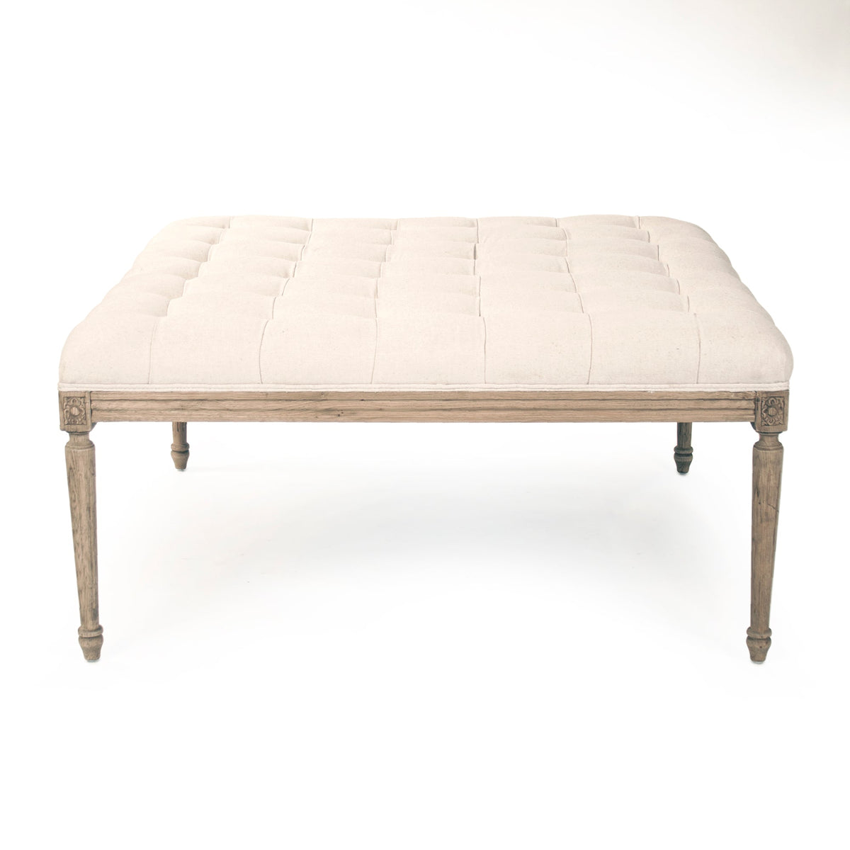 Louis tufted ottoman in Mixed Linen & Cotton, studio photo 1 of 2 on a white background