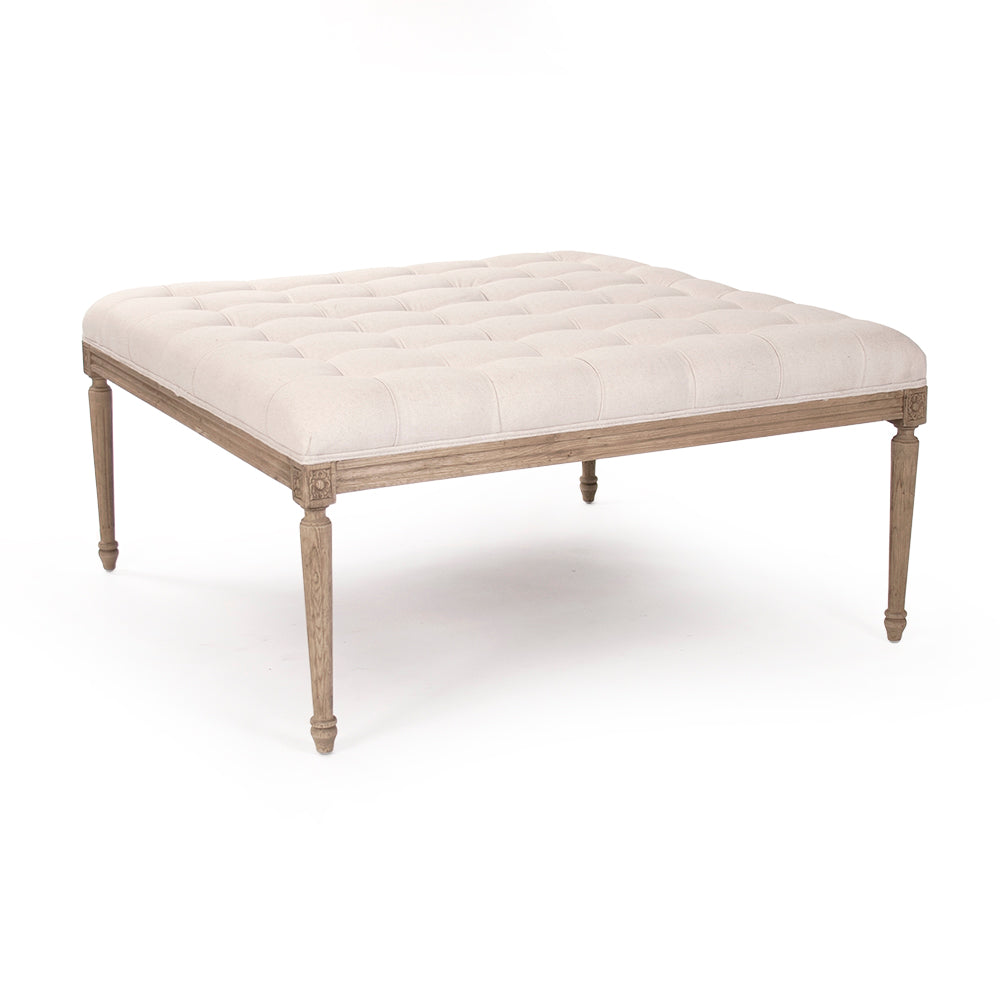 Louis tufted ottoman in Mixed Linen & Cotton, studio photo 2 of 2 on a white background