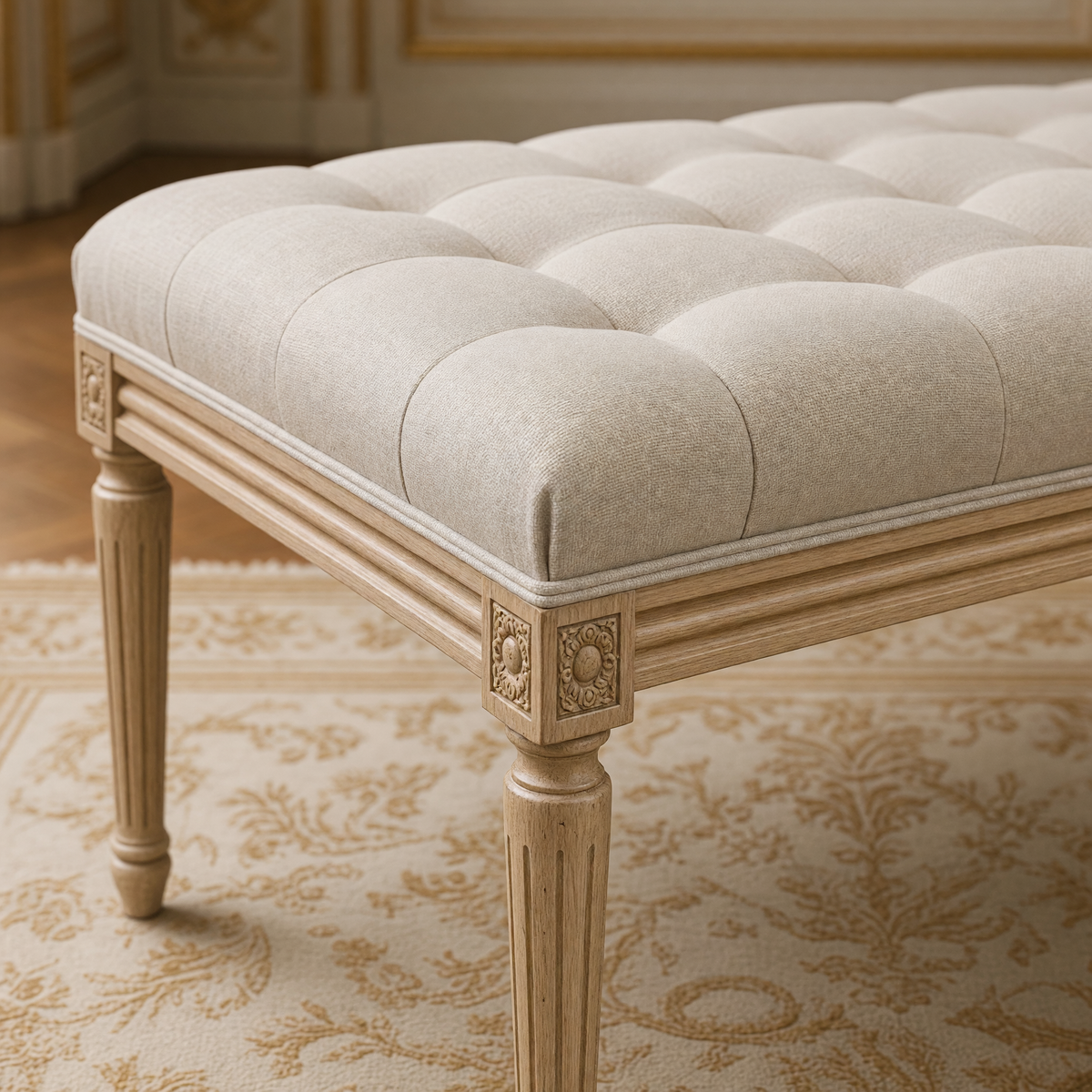 Close view of the tufted top, carved oak apron and fluted leg of the Louis tufted ottoman in Natural Linen