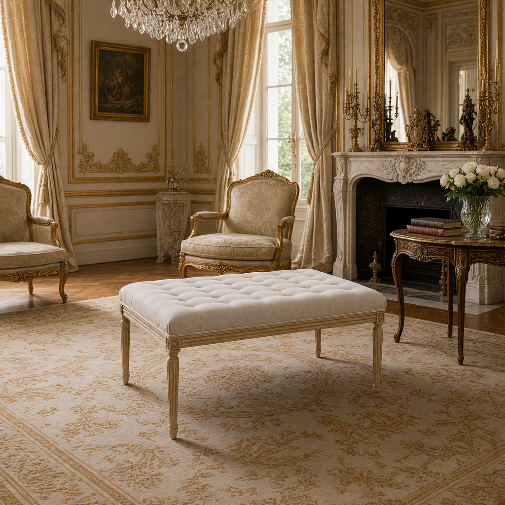 Louis tufted ottoman in Natural Linen styled in a Louis XVI salon with gilded bergere chairs and a marble fireplace