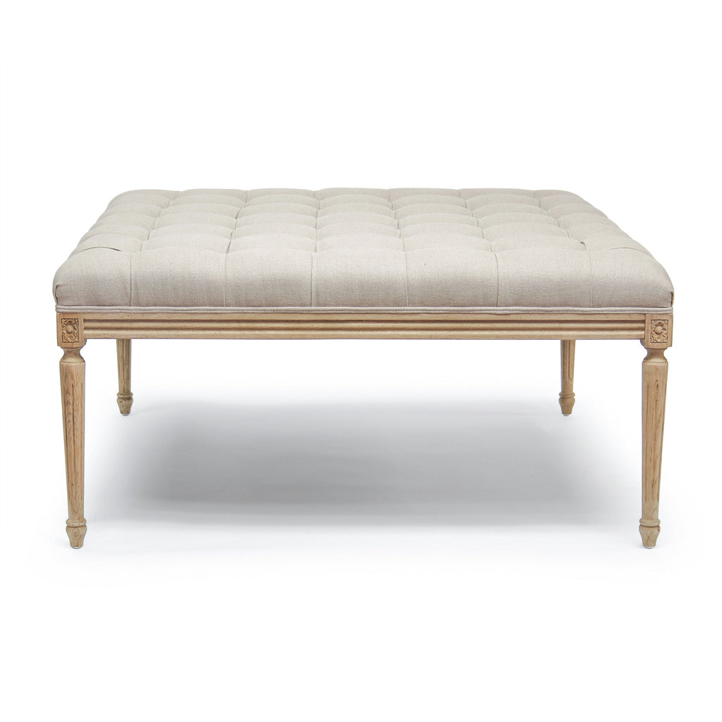 Louis tufted ottoman in Natural Linen, studio photo 1 of 2 on a white background