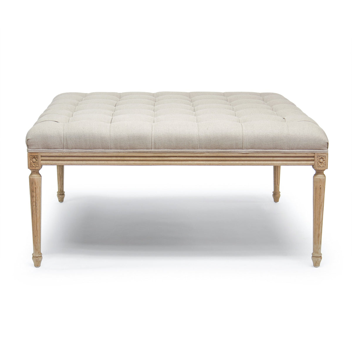 Louis tufted ottoman in Natural Linen, studio photo 1 of 2 on a white background
