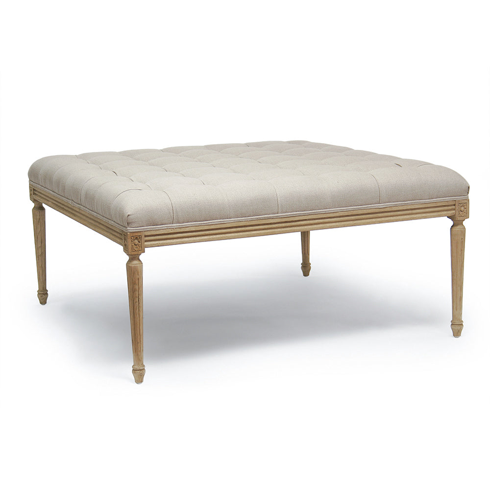 Louis tufted ottoman in Natural Linen, studio photo 2 of 2 on a white background