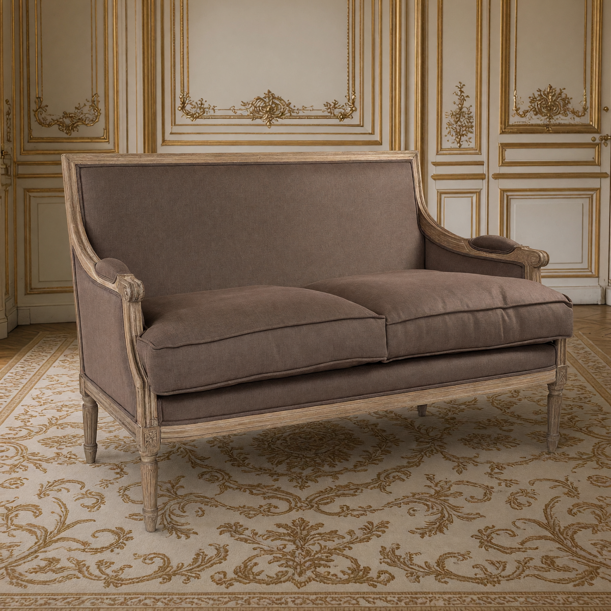 Louis French Settee in Aubergine Linen on a limed grey oak frame, in a classical ivory and gold salon