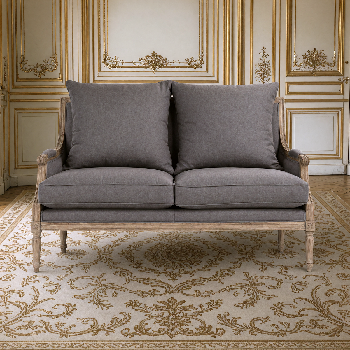 Louis French Settee in Aubergine Linen, Tall 37" back, in a French salon on an Aubusson carpet