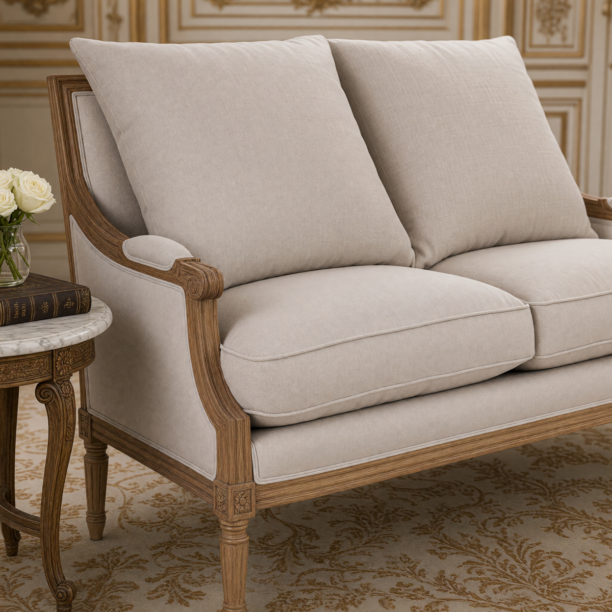 Close view of the natural linen cushions and carved natural oak arm of the Louis French Settee