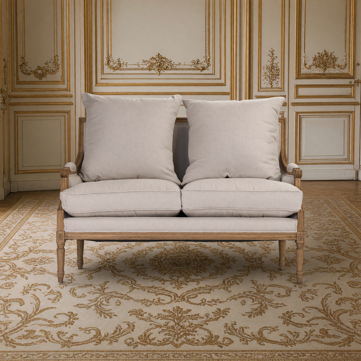 Front view of the Louis French Settee in Natural Linen with two loose linen pillows