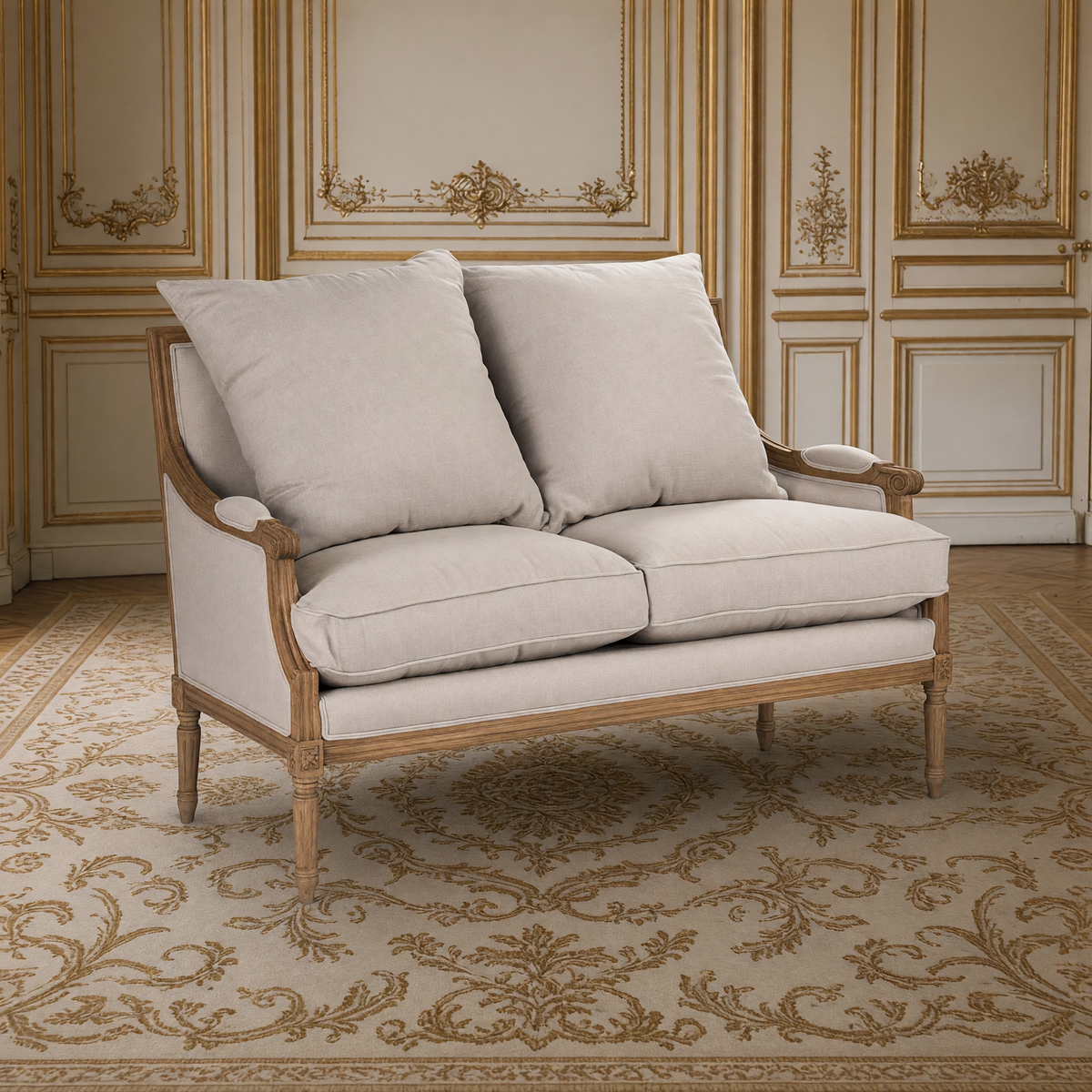Louis French Settee in Natural Linen on a natural oak frame, in a classical ivory and gold salon