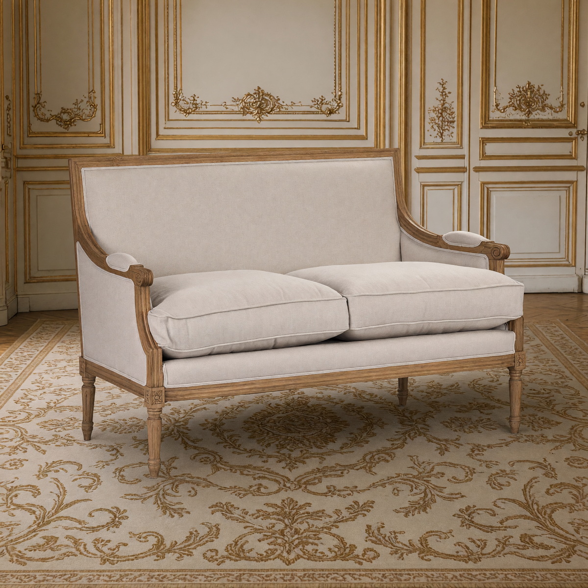 Side angle view of the Louis French Settee in Natural Linen on a natural oak frame