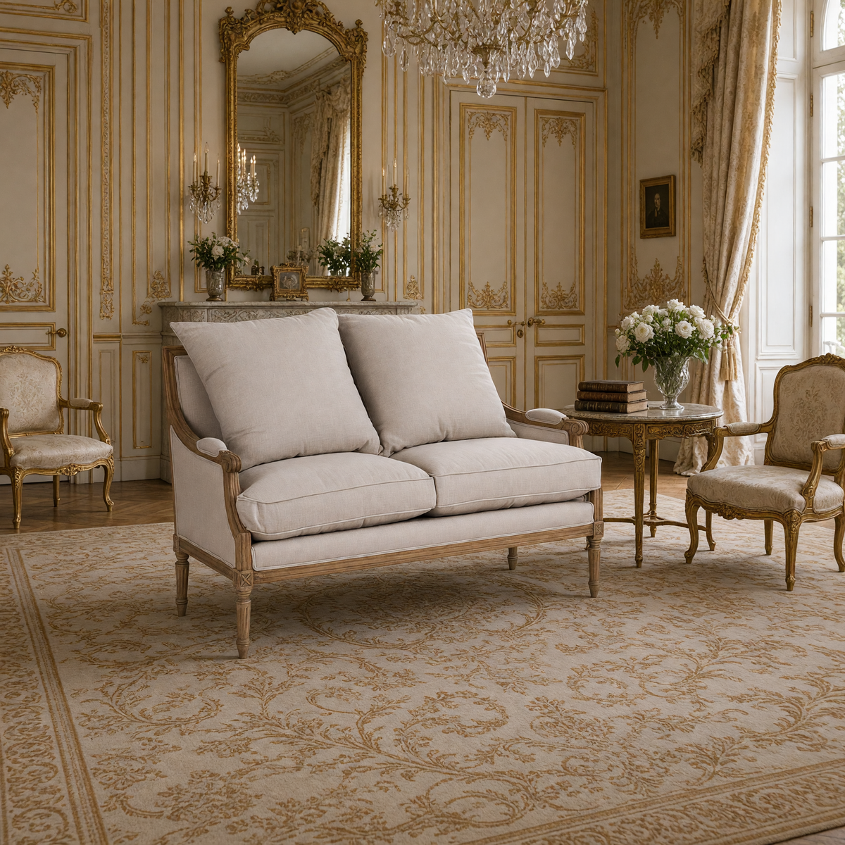 Louis French Settee in Natural Linen styled in a Louis XVI salon with gilded bergere chairs and a gilded mirror