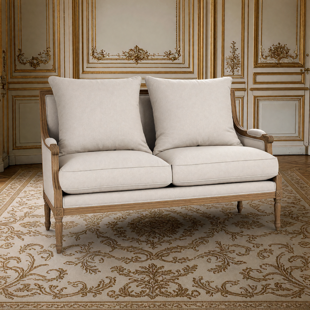 Louis French Settee in Natural Linen, Tall 37" back, in a French salon on an Aubusson carpet