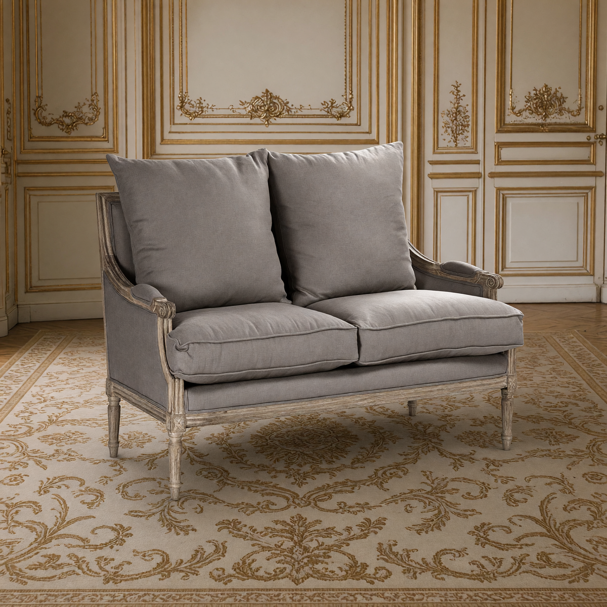 Louis French Settee in Warm Taupe Linen on a limed grey oak frame, in a classical ivory and gold salon