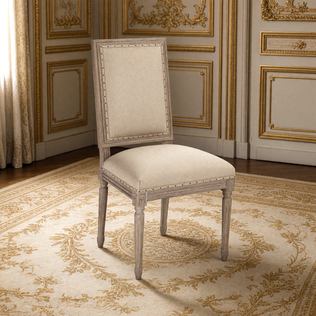 Louis French square-back side chair in hemp, limed grey oak in a gilded Louis XVI salon on an Aubusson carpet