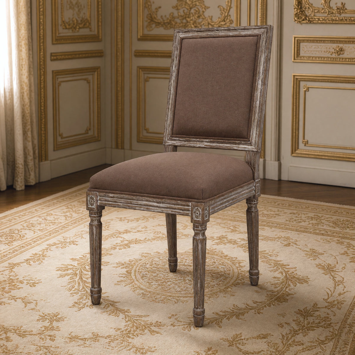 Louis French square-back side chair in limed charcoal oak in a gilded Louis XVI salon on an Aubusson carpet