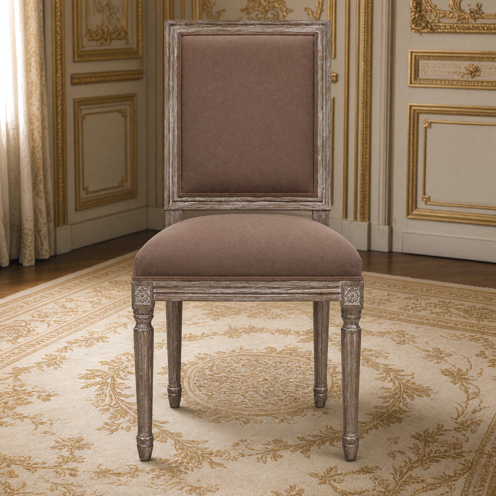 Front view of the Louis square-back side chair in weathered cocoa linen on limed charcoal oak