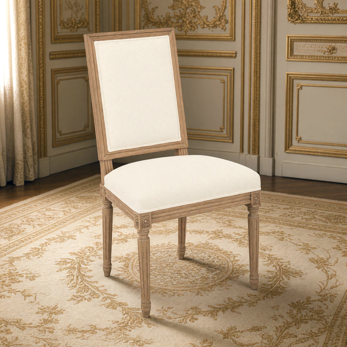 Louis French square-back side chair in off-white cotton, natural oak in a gilded Louis XVI salon on an Aubusson carpet
