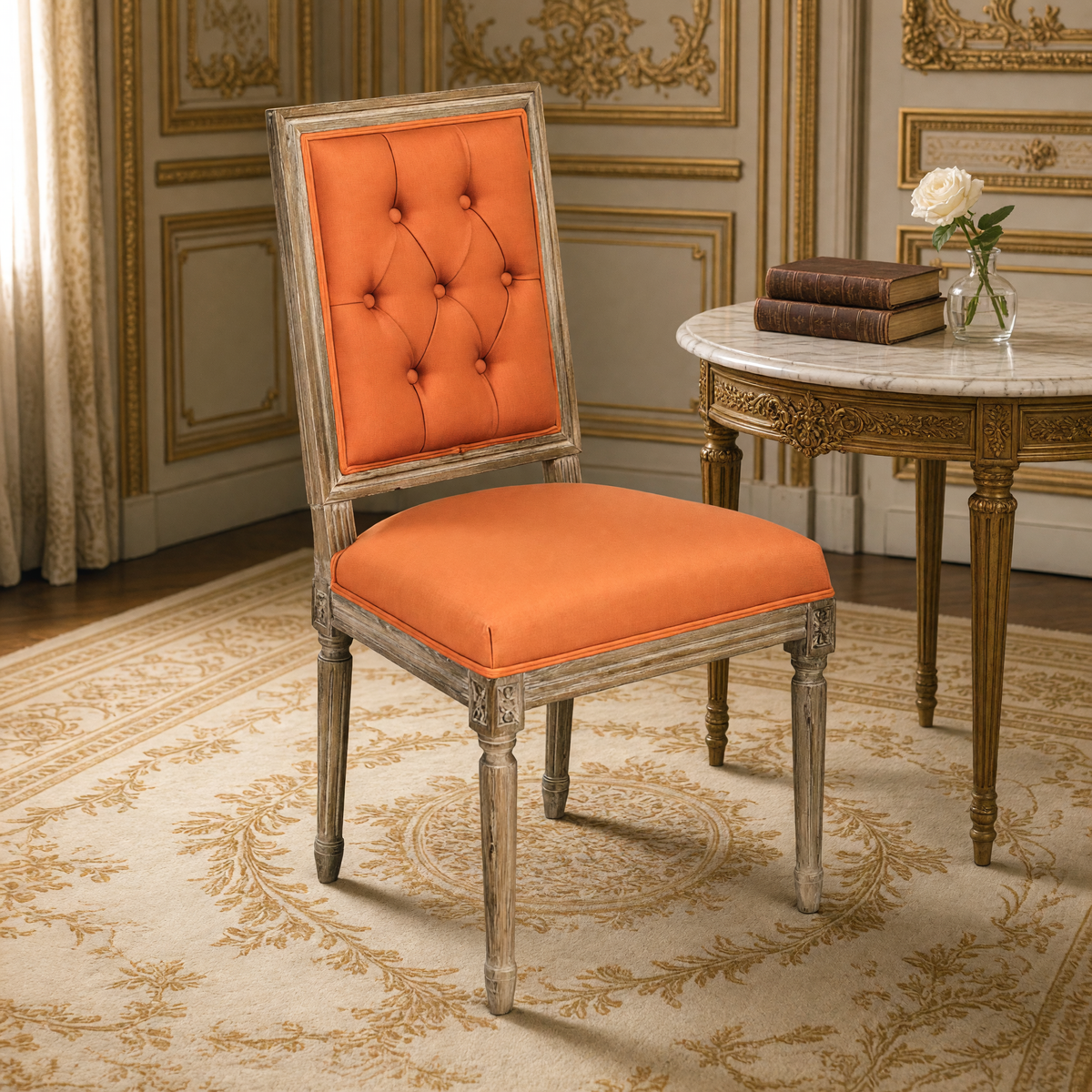 Close view of the button-tufted square back and carved limed grey oak frame of the Louis side chair in orange linen cotton